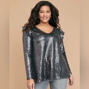 🎉🍾🥂 Lane Bryant Gunmetal/Charcoal Grey Ruffled Cold-Shoulder Sequin Top NWT